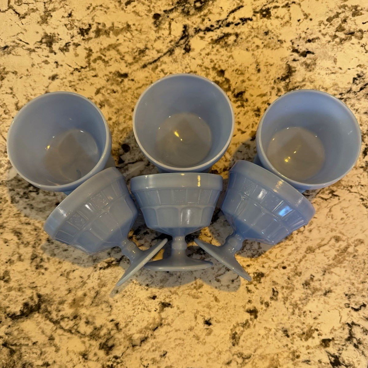 Vintage Jeannette Delphite Blue Glass Doric Footed Ice Cream Sundae Bowls Set 6 Vintage Jeannette Delphite Blue Glass Doric Footed Ice Cream Sundae Bowls Set 6