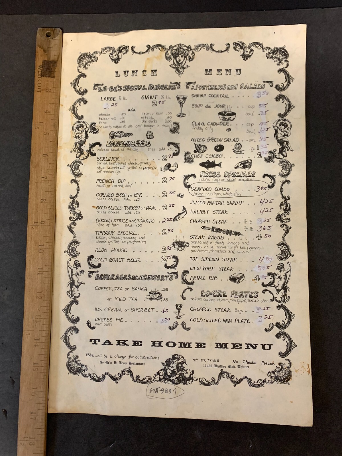 Vtg Restaurant Menu Ge Ge\'s Hi Brow Whittier Los Angeles Southern California CA