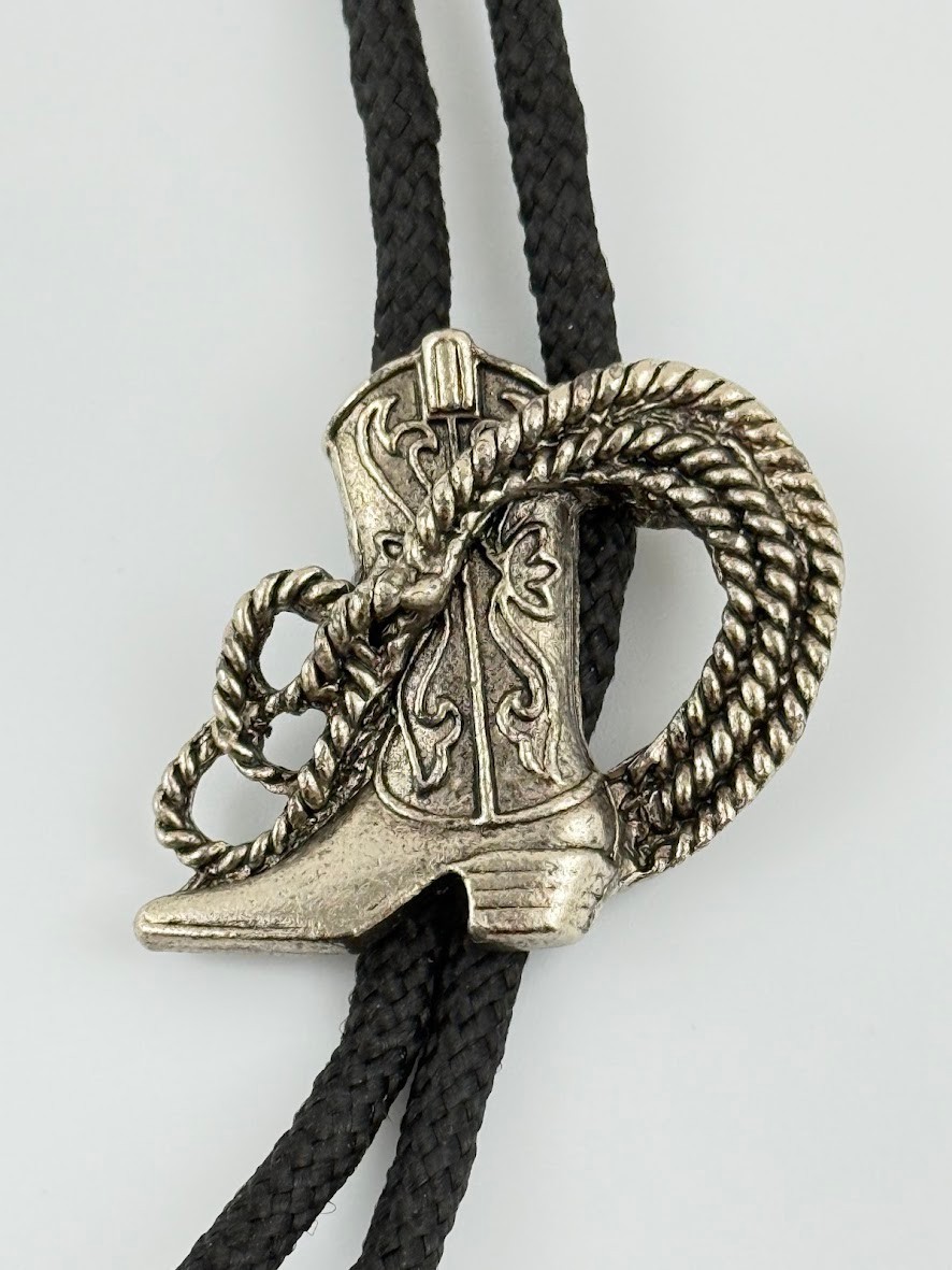 Vtg Western Cowboy Boot Rope Lariat Silver Tone Bolo Tie Rodeo Bronco Southwest