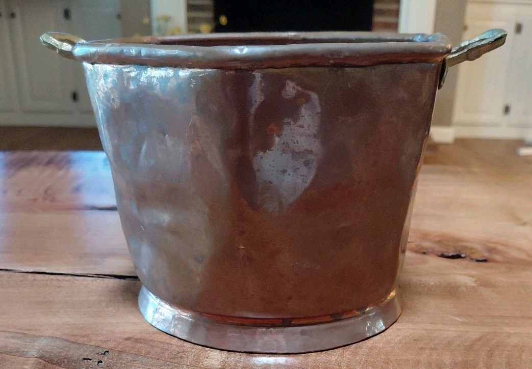 Vintage Hammered Copper Bucket Pot Planter Cachepot Brass Handles Rustic Decor
