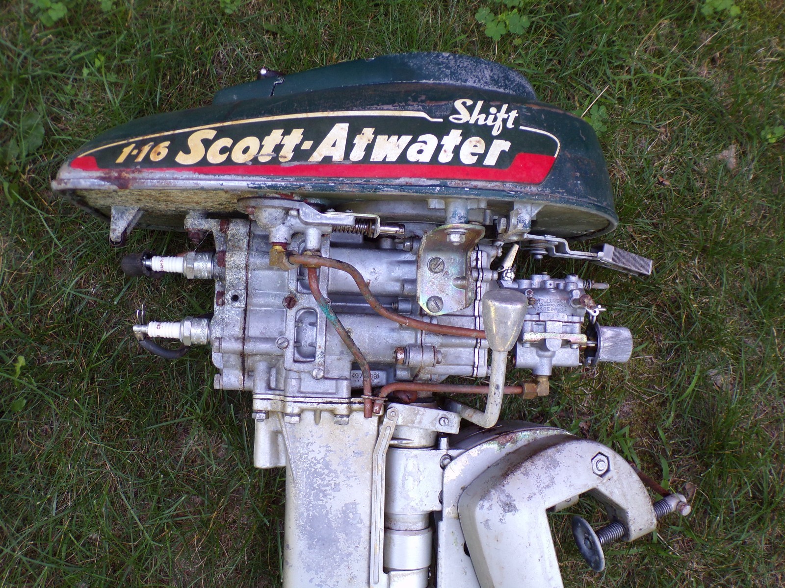 Vintage 1950’s Scott Atwater Outboard Boat Motor Shift 1-16, 5 HP Vtg Vintage 1950’s Scott Atwater Outboard Boat Motor Shift 1-16, 5 HP Vtg