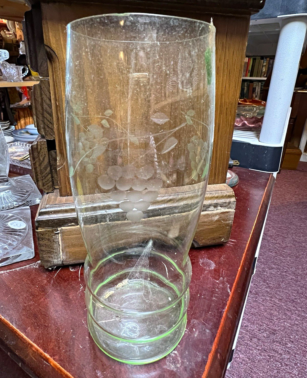Unmarked Clear uranium glass vase Etched Green Grape Cluster Pattern Round