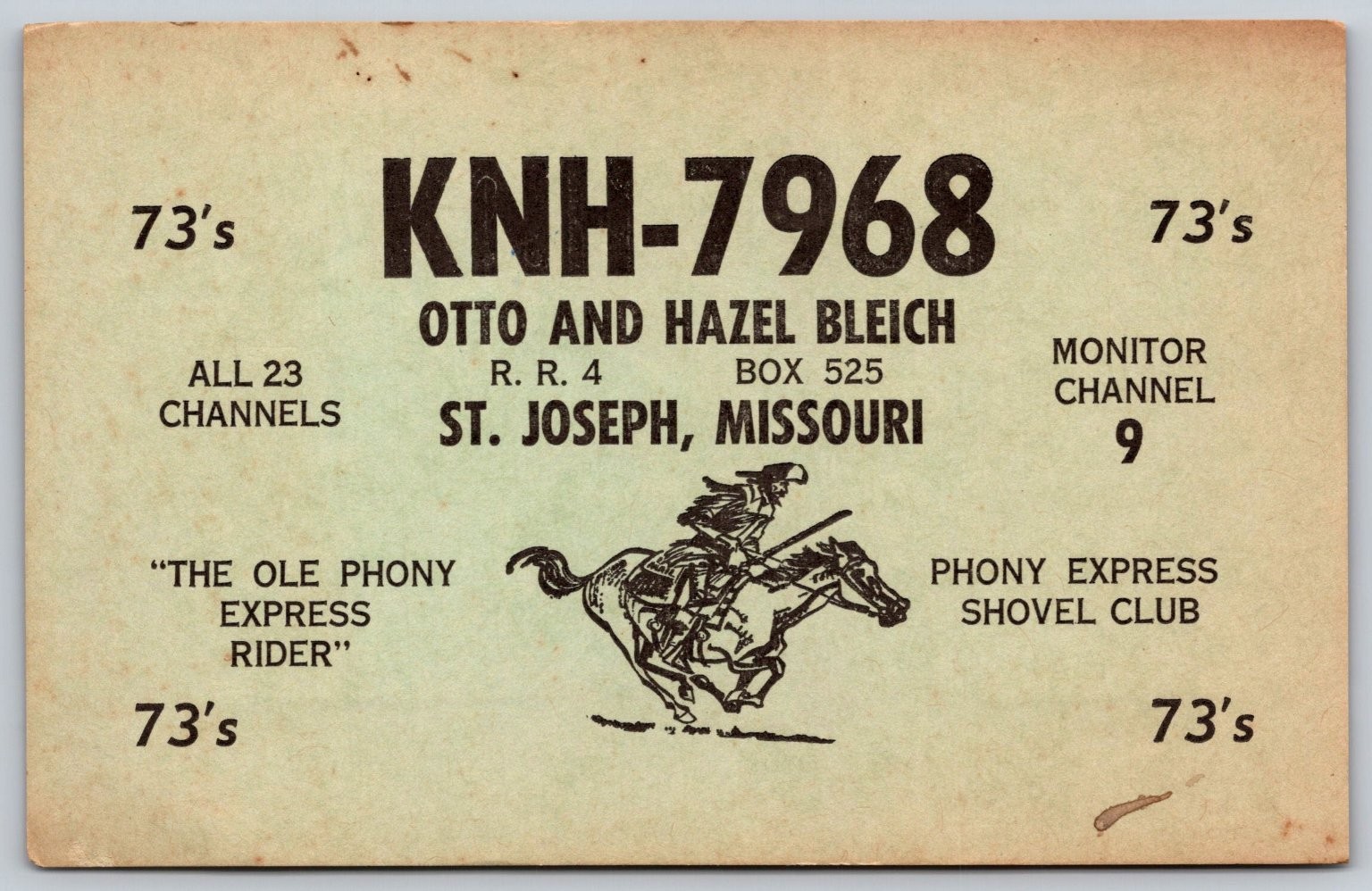 Vintage KNH-7968 CB Radio QSL Card St. Joseph Missouri Phony Express Rider C49