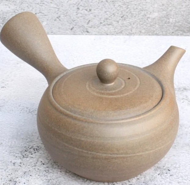 Tokoname ware Pottery Japanese Kyusu Yakishime Flat spiral Teapot with basket