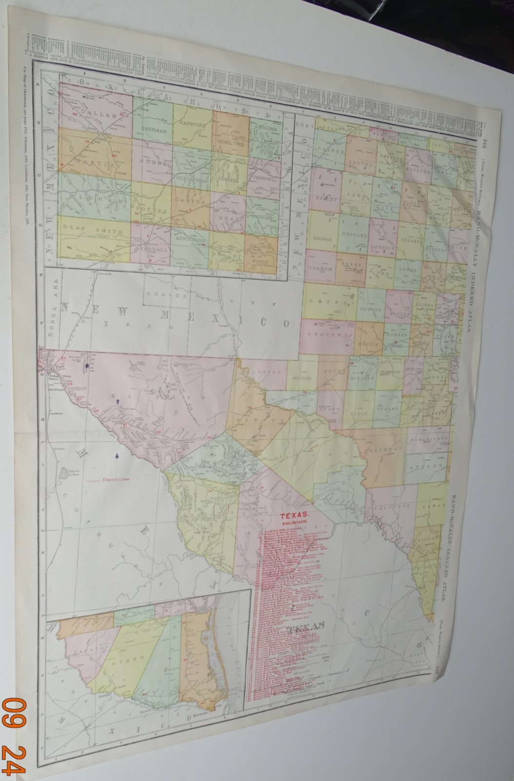 1909 TEXAS MAP removed from Rand McNally Atlas 20x28\