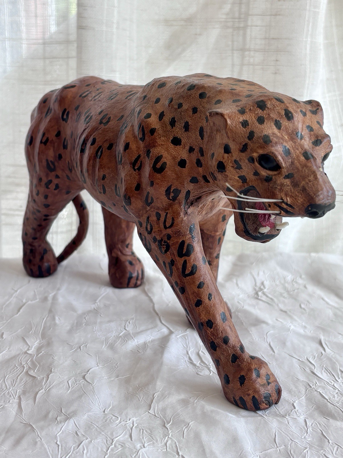 Vintage MCM Leather Wrapped 12” L Leopard Spotted Cat Sculpture Figure