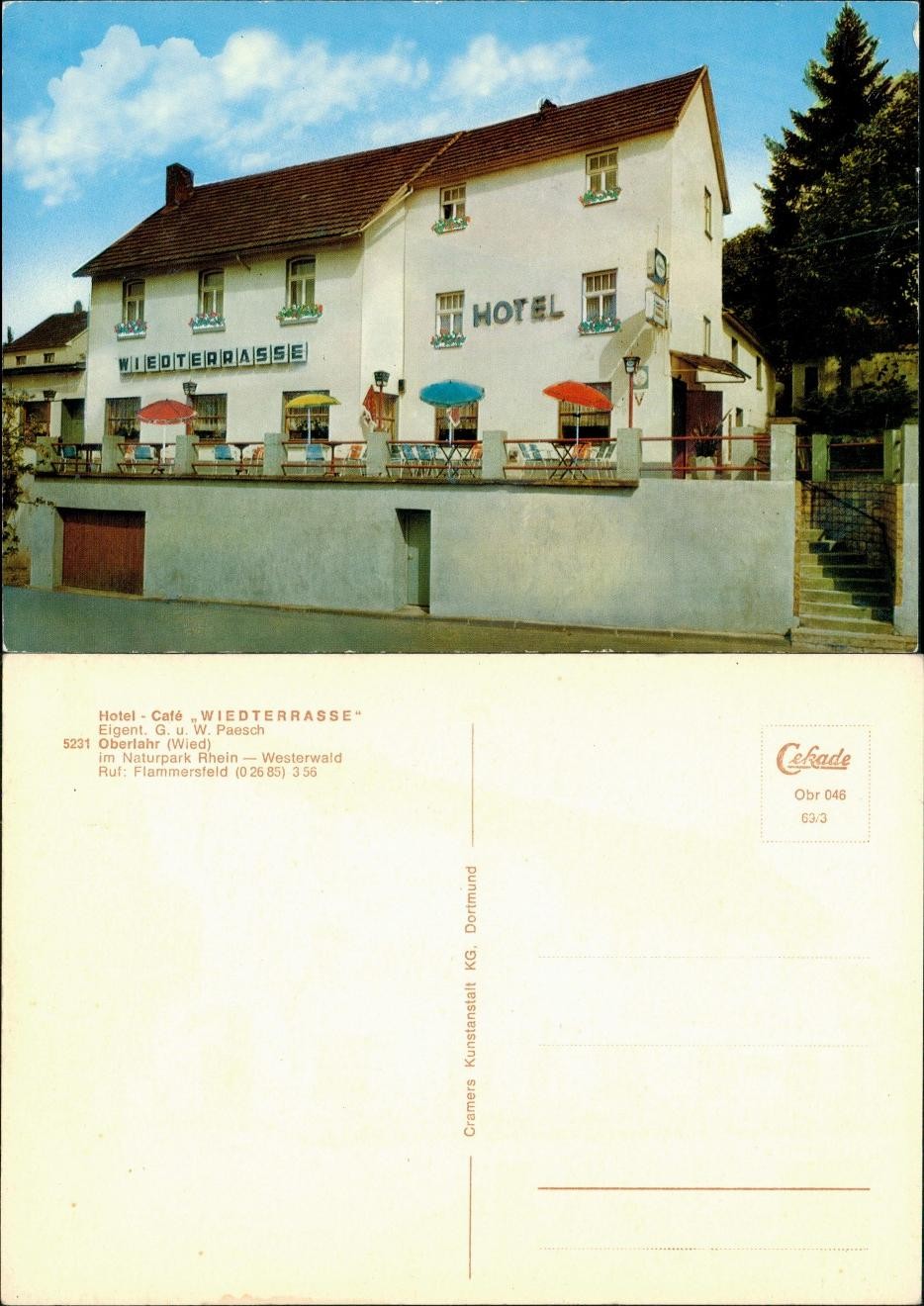 Oberlahr Hotel Café WIEDTERRASSE own. Paesch, Wied Strassen Lot 1969