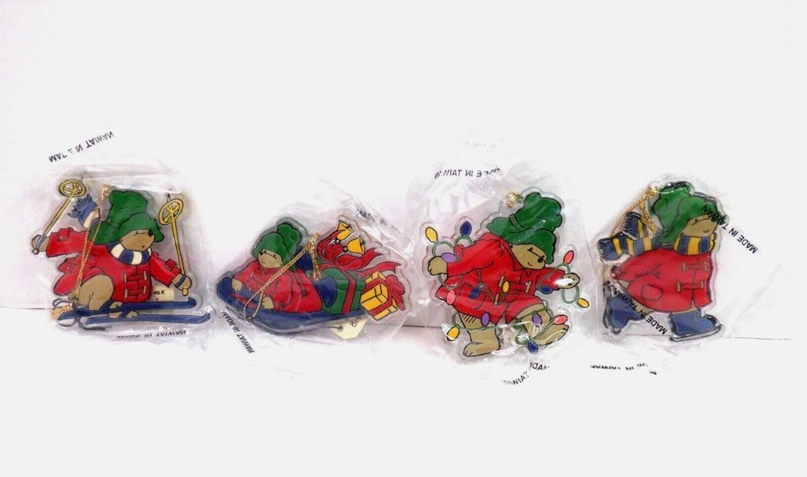 1992 Enesco Paddington Bear Christmas Ornaments, Lot of 4