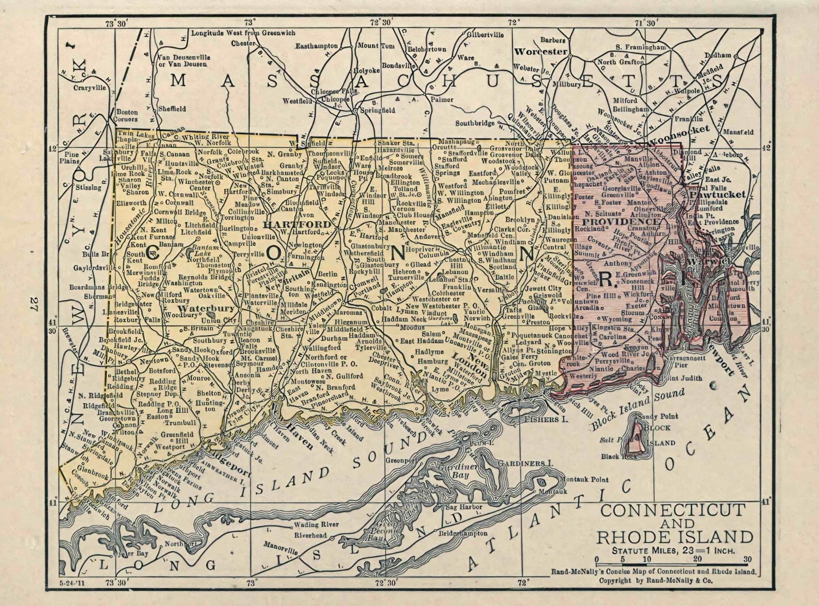 Map of CONNECTICUT & RHODE ISLAND from 1912 - 8.5 x 11 Inch Photo Reprint