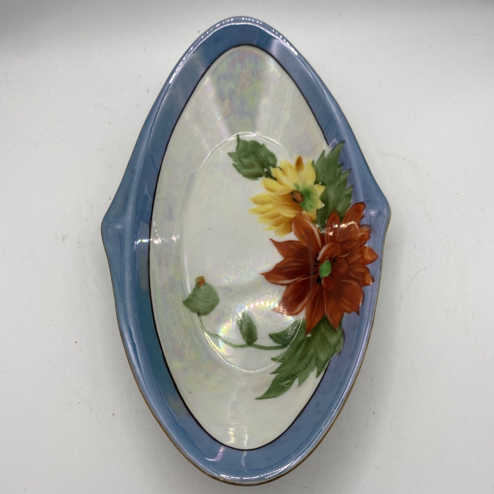 Japanese Art Deco Lusterware Relish/Trinket Dish Blue Edge Gold & Floral Design