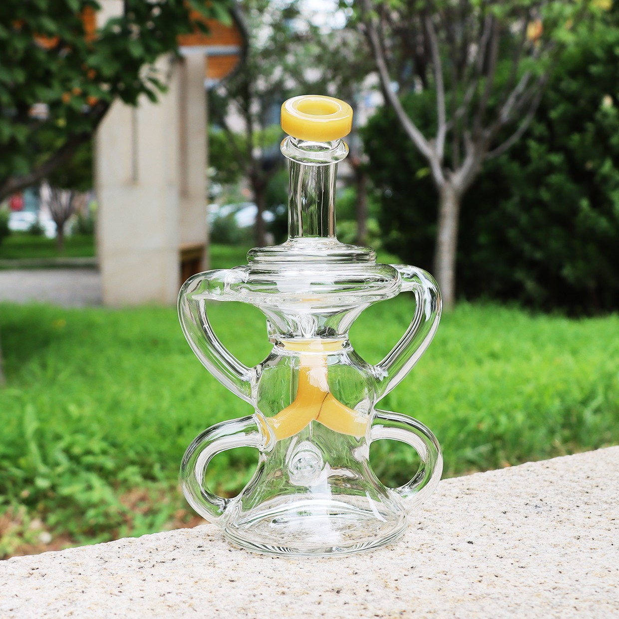Uptake Yellow Recycler Double 7-inch Glass Waterpipe Smoking Bong with Gift Bowl