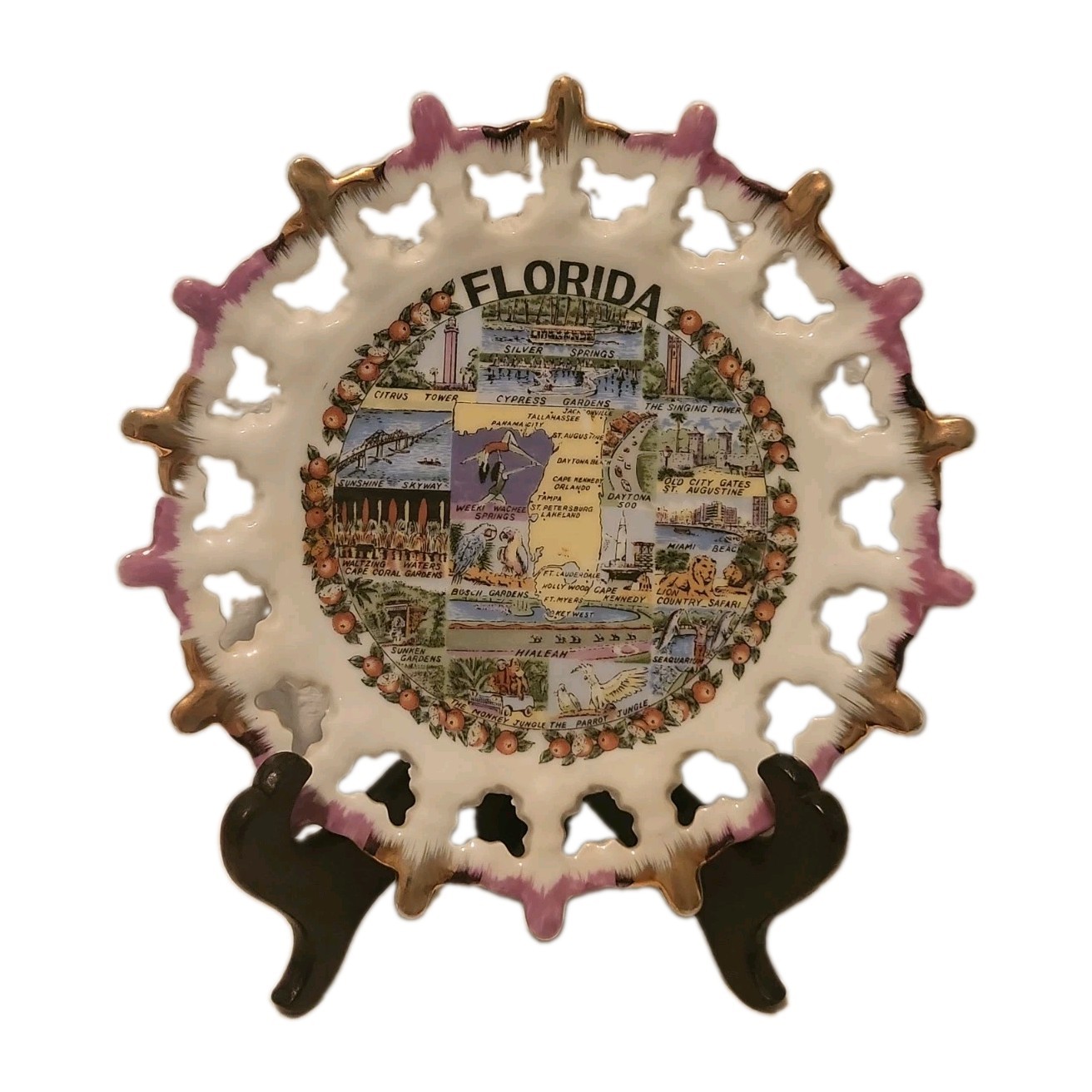 Vtg Florida Ceramic Souvenir Reticulated Plate Pink & Gold Edge 7