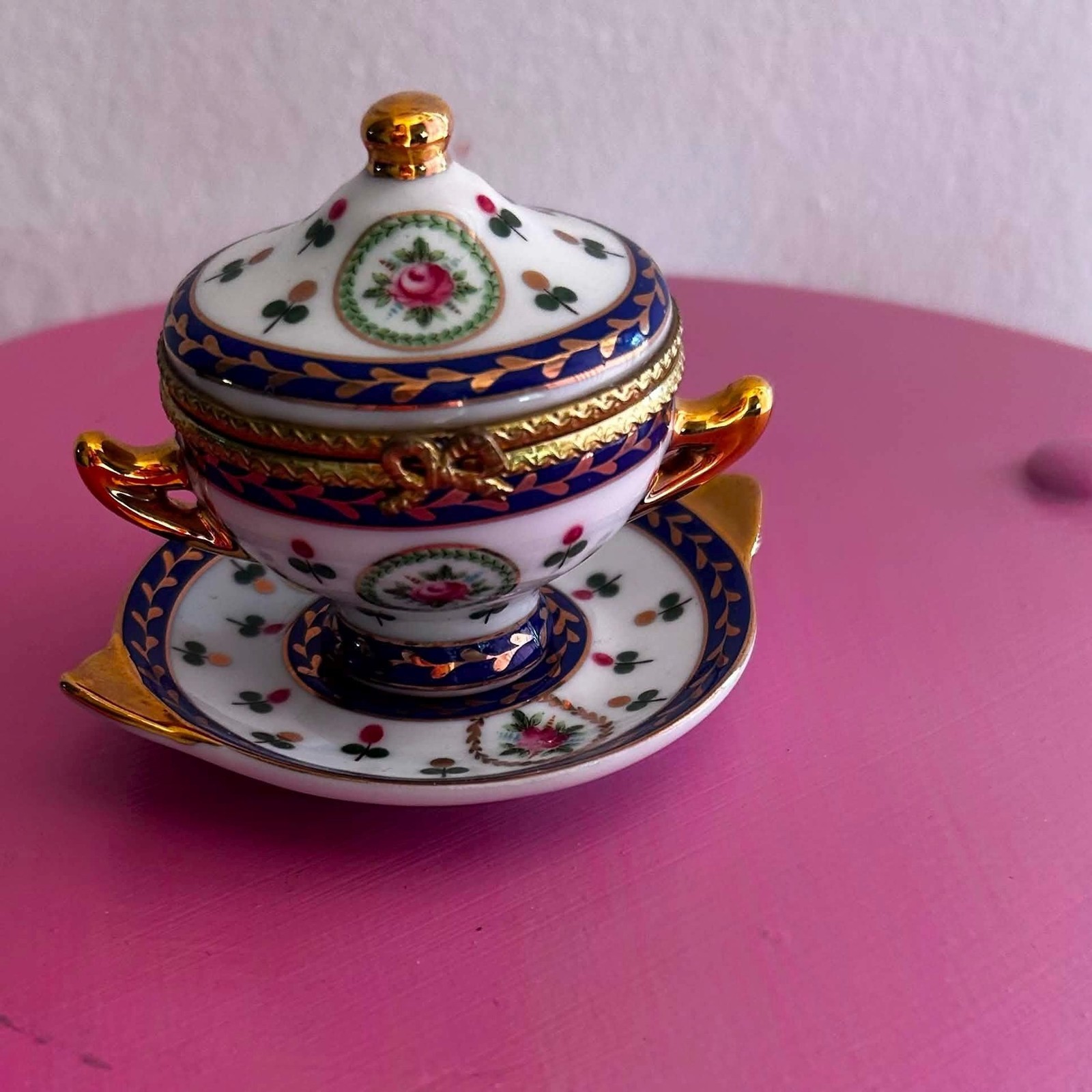 Vintage Limoges Porcelain Miniature Trinket Box, Pink Rose, Cobalt Blue, Gold Ac