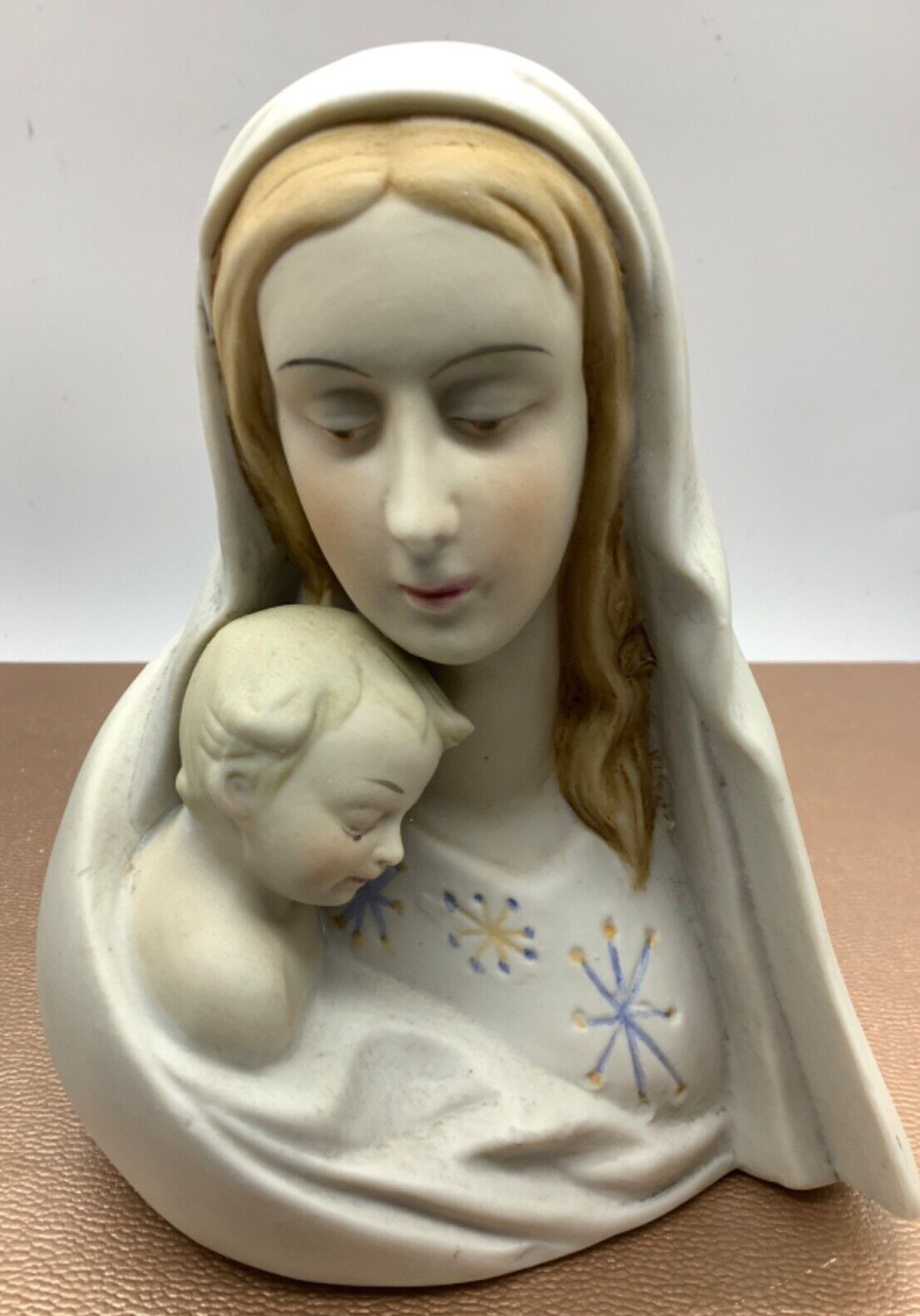 Vintage Madonna w/Child Planter Vase Mary, Jesus, Bisque China Hand Painted, 5”