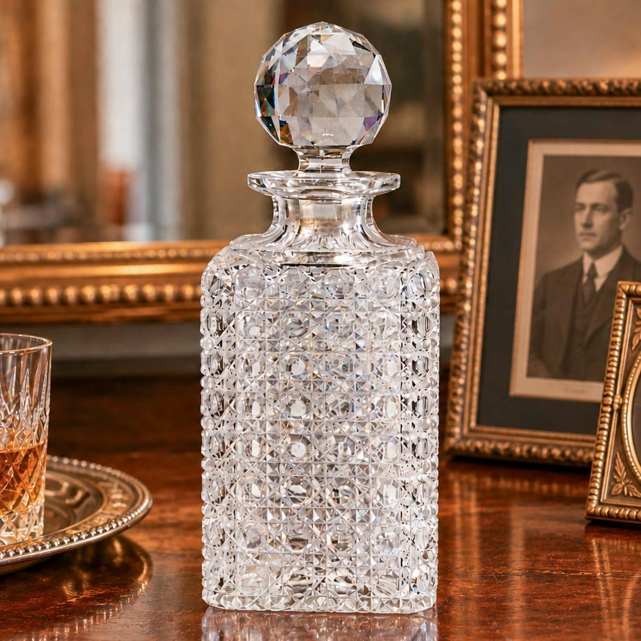 Dazzling Large Heavy Antique Cut Crystal Decanter Faceted Sphere Stopper Barware