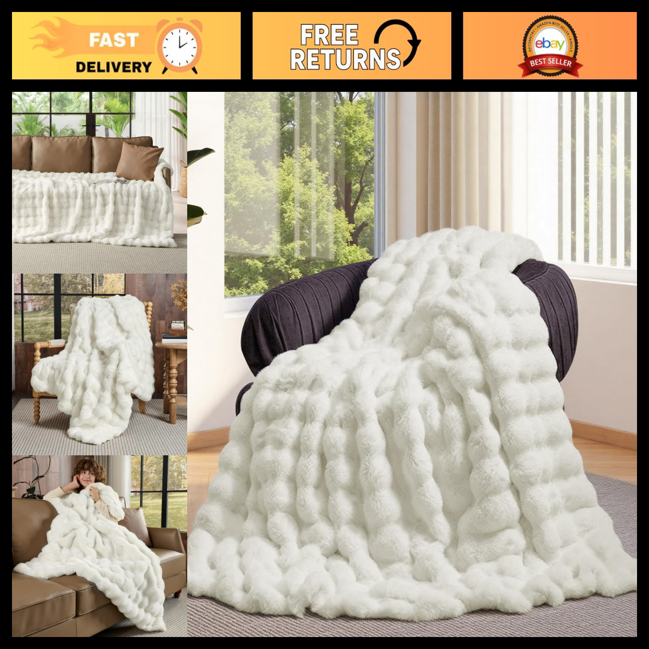 Lotus Karen Faux Fur Throw Blanket Cream White - Big Bubble Rabbit Fluff Blanket