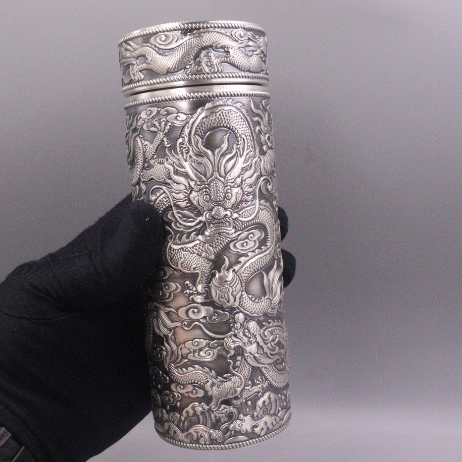 Pure 999 Silver Water Cup Fine Silver Inner Container Zodiac Dragon Vacuum Cup