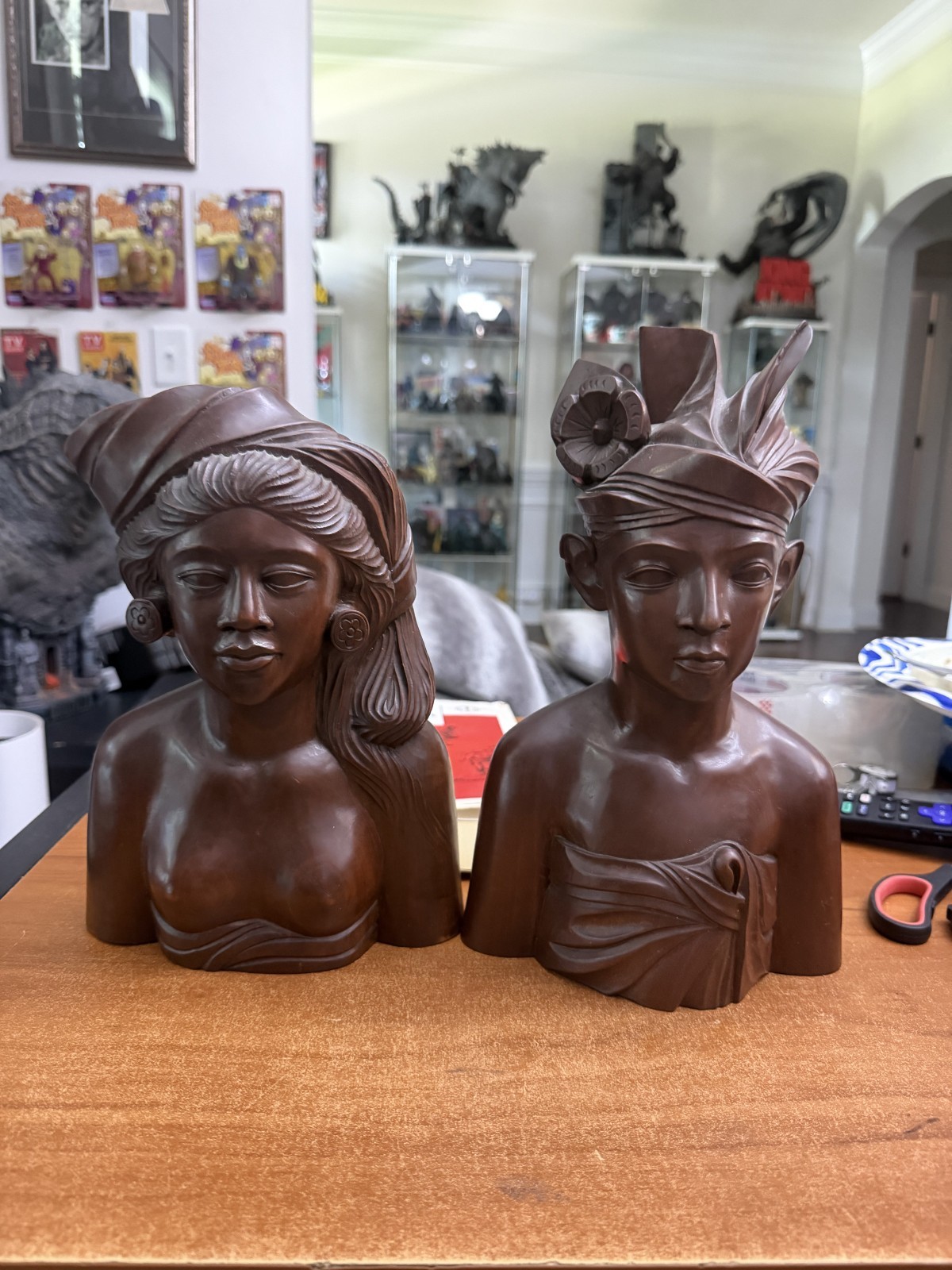 Vintage Bali Teak Wood Busts Pair Hand Carved Balinese Sculpture Man Woman Decor