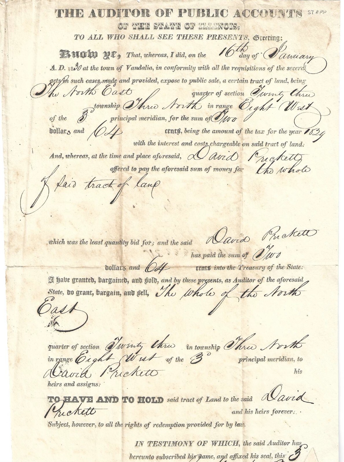 [Early Illinois] Black Hawk War Officers Involved In Vandalia Land Purchase