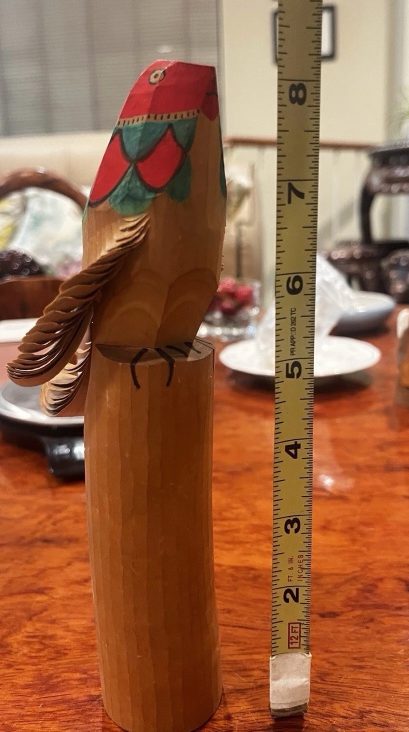 Vintage Japanese Sasano Bori Wood Bird Figurine Signed Takamine Folk Art 8.5\
