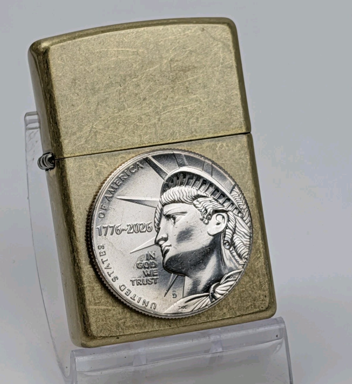 ZIPPO Classic Street Brass Lighter w/ 1776-2026 SEMIQUINCENTENNIAL Coin, NEW