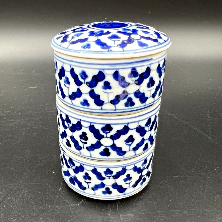Antique Chinese Blue & White Porcelain 3-Tier Stacking Box, Late Qing Style