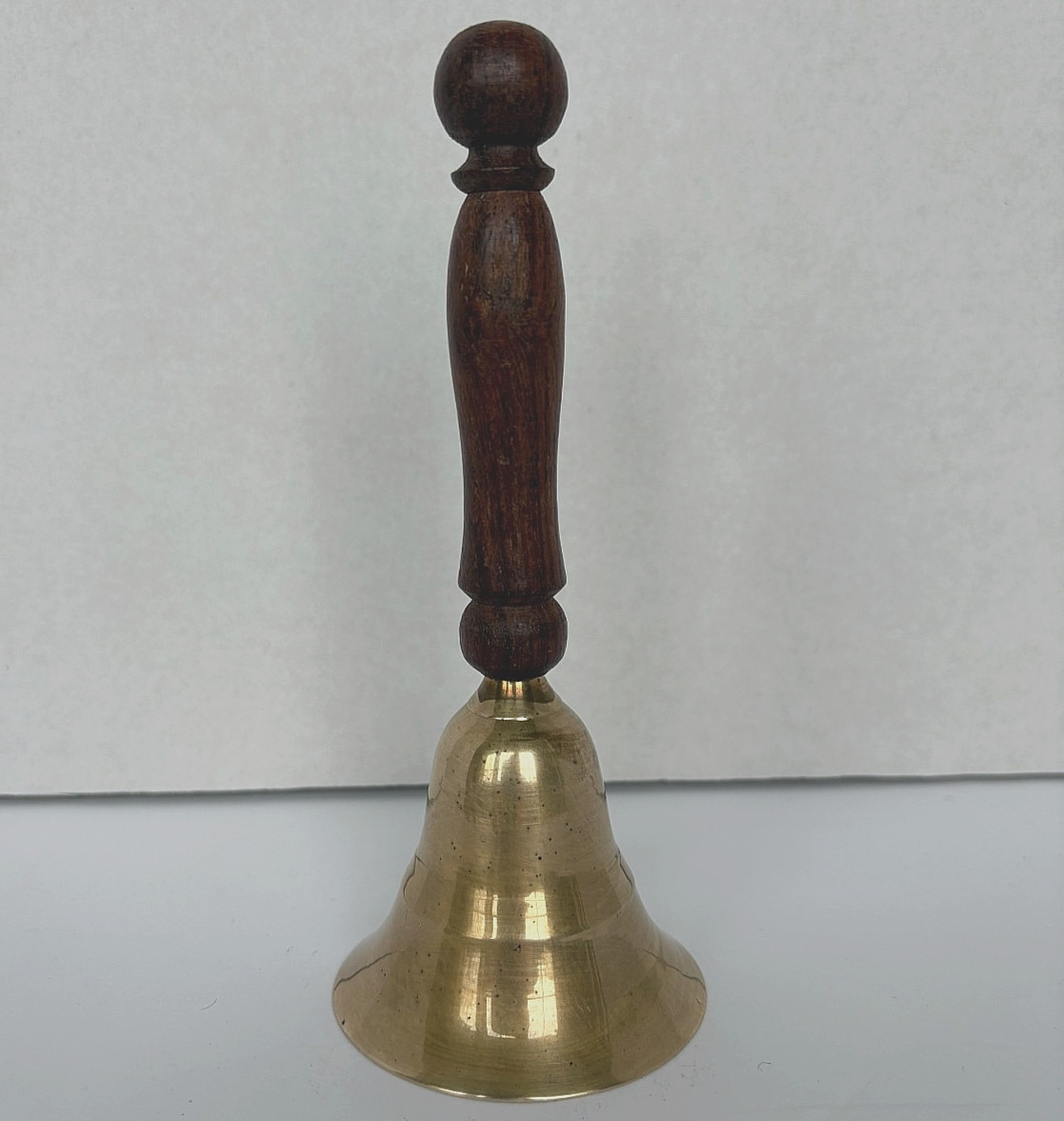Vtg Brass Hand Bell w/Wooden Handle Made in India Teacher, Dinner, School 6.5\