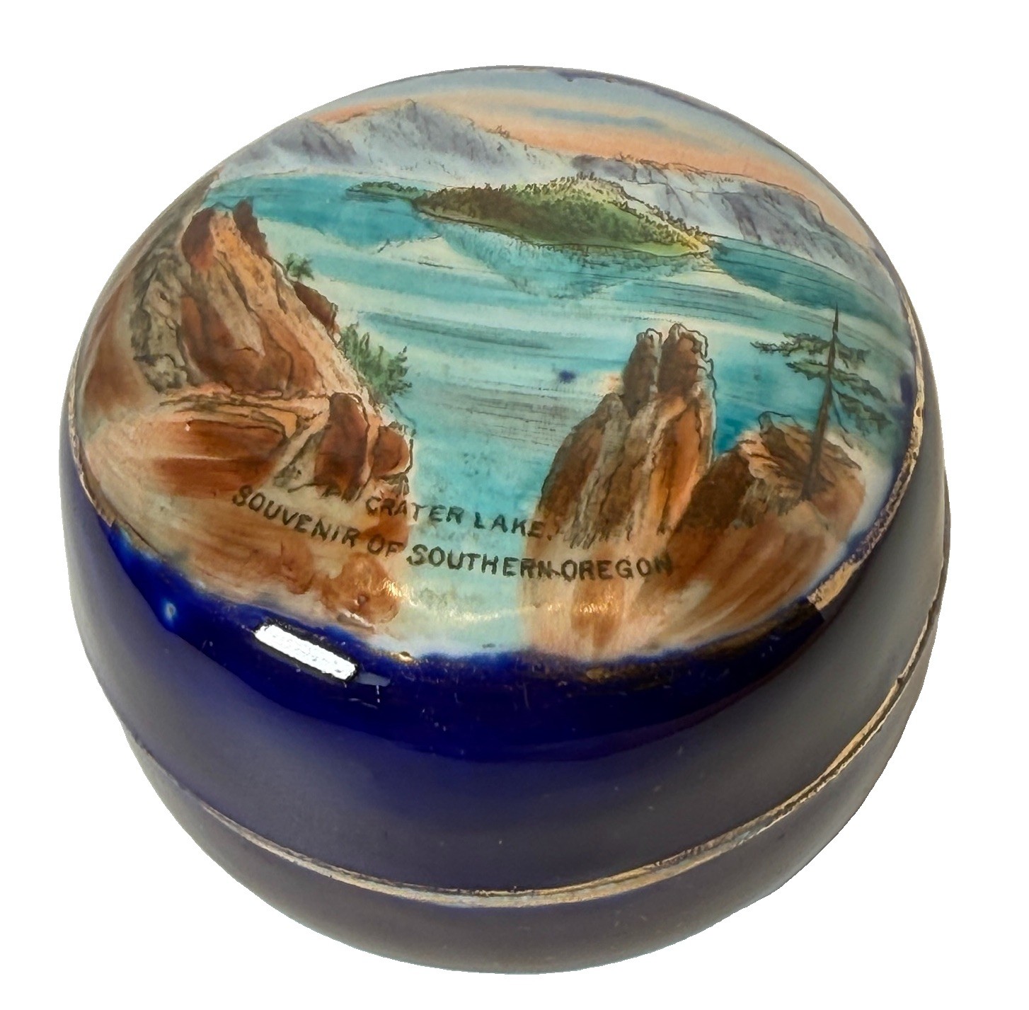 SOUTHERN OREGON ORE Antique CRATER LAKE Souvenir COBALT CHINA TRINKET BOX