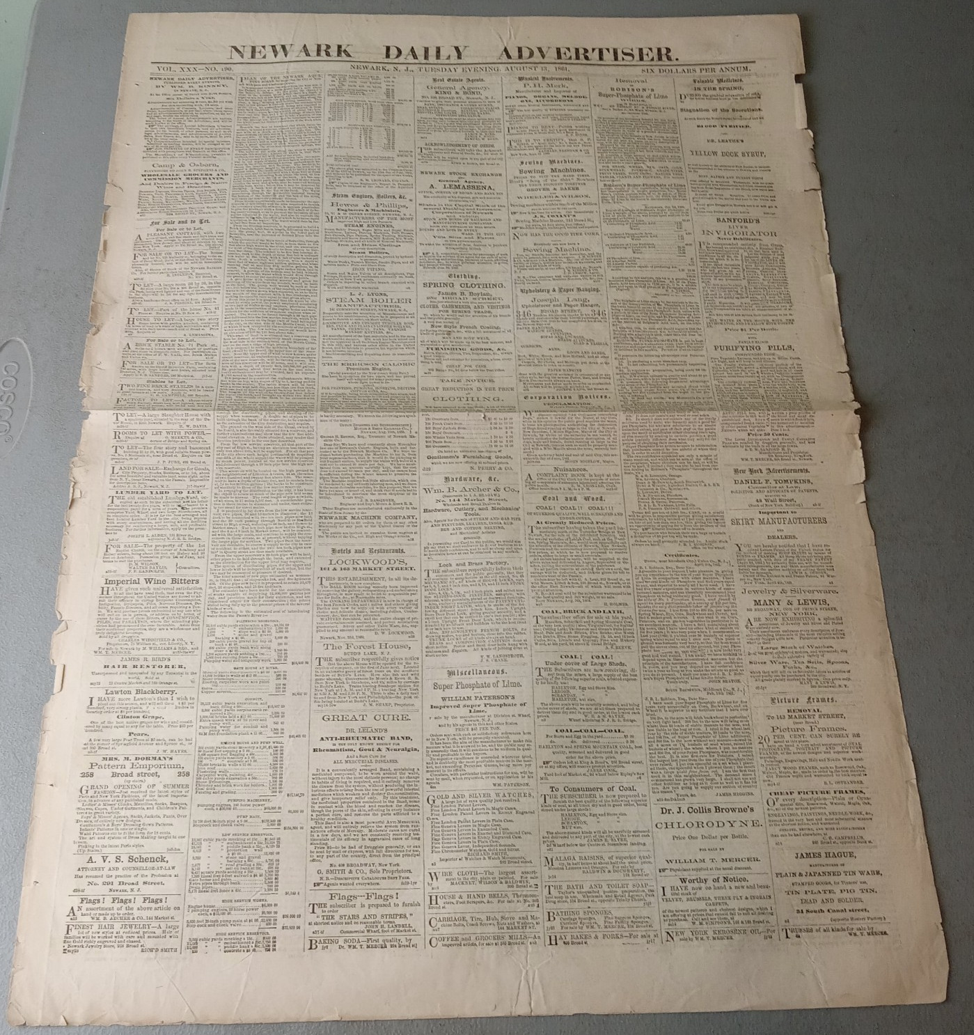 RARE 1861 Civil War Newspaper Newark NJ Daily Advertiser Baseball Bull Run Ads
