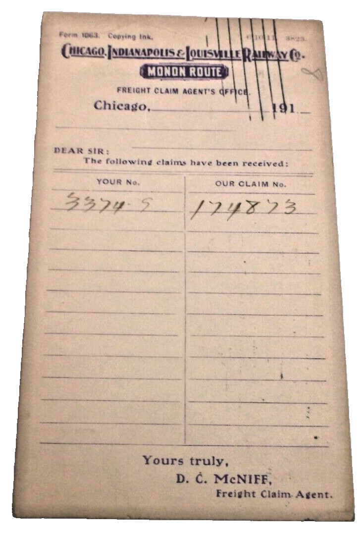 1911 MONON RAILROAD CI&L FREIGHT CLAIM NOTIFICATION POST CARD