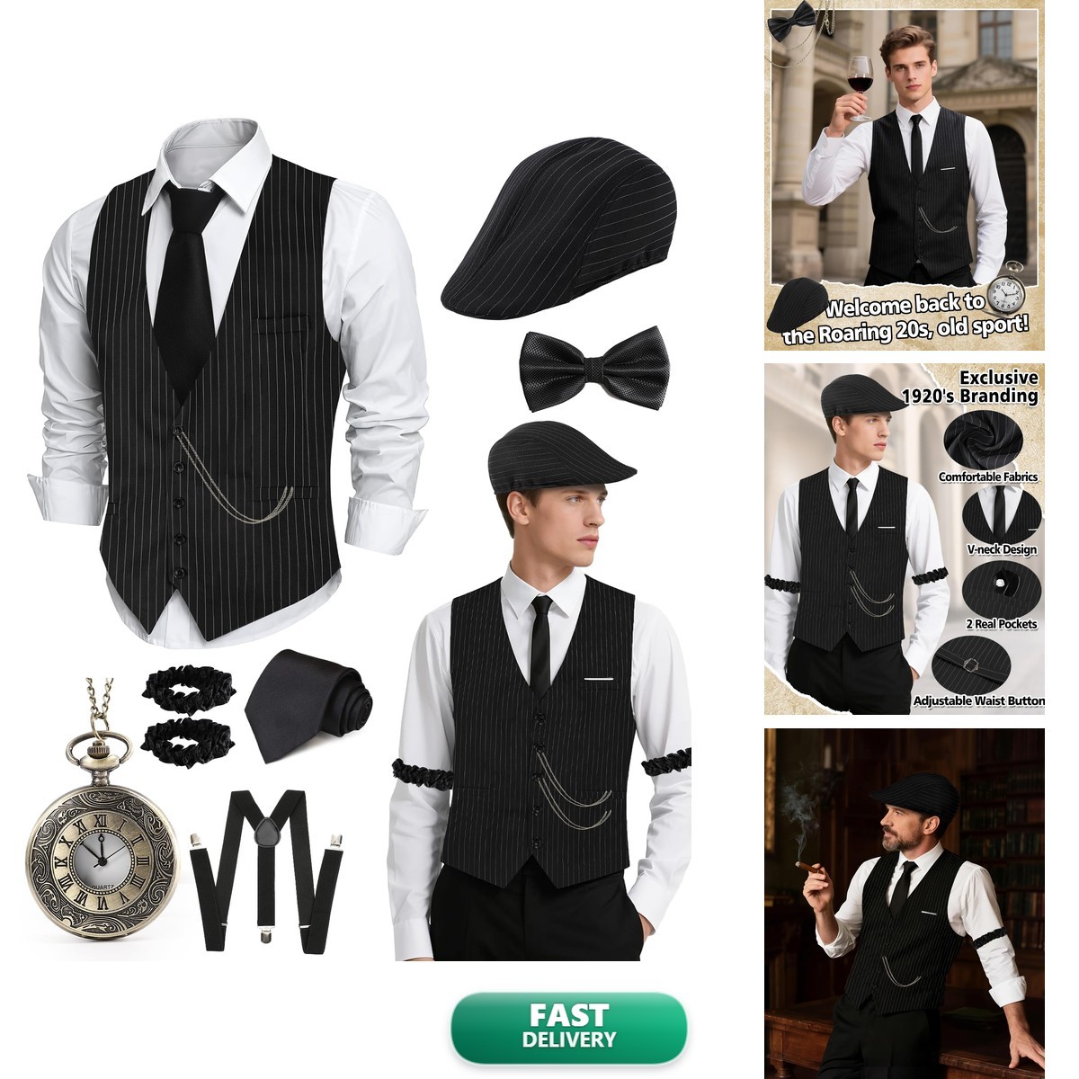 HaBaeBae 1920s Mens Costume Roaring 20s Outfit Set Hat Vest Pocket Watch Tie