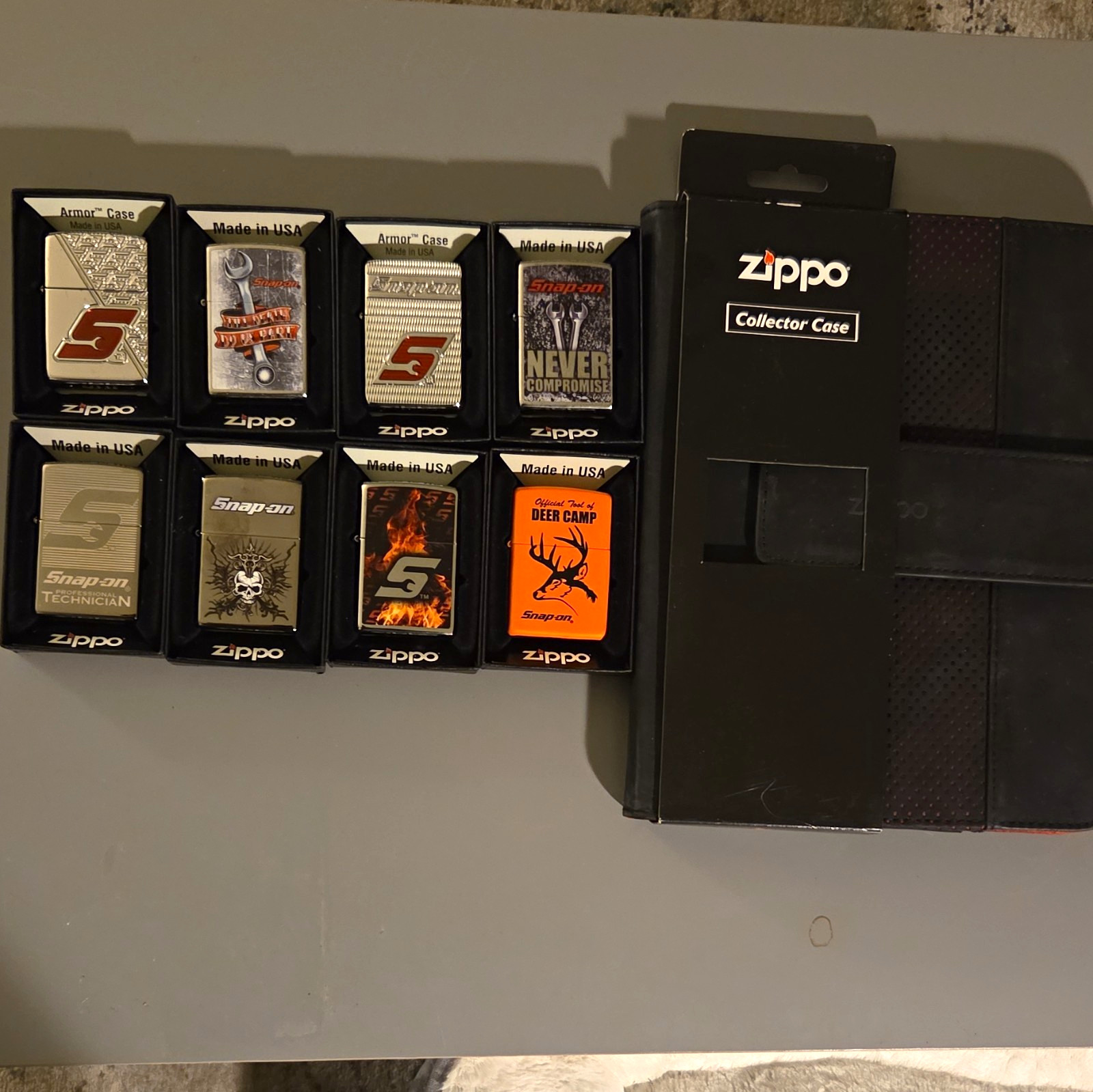 Zippo Snap-on Themed Lighters Lot of 8 in Boxes with Zippo Collector Case