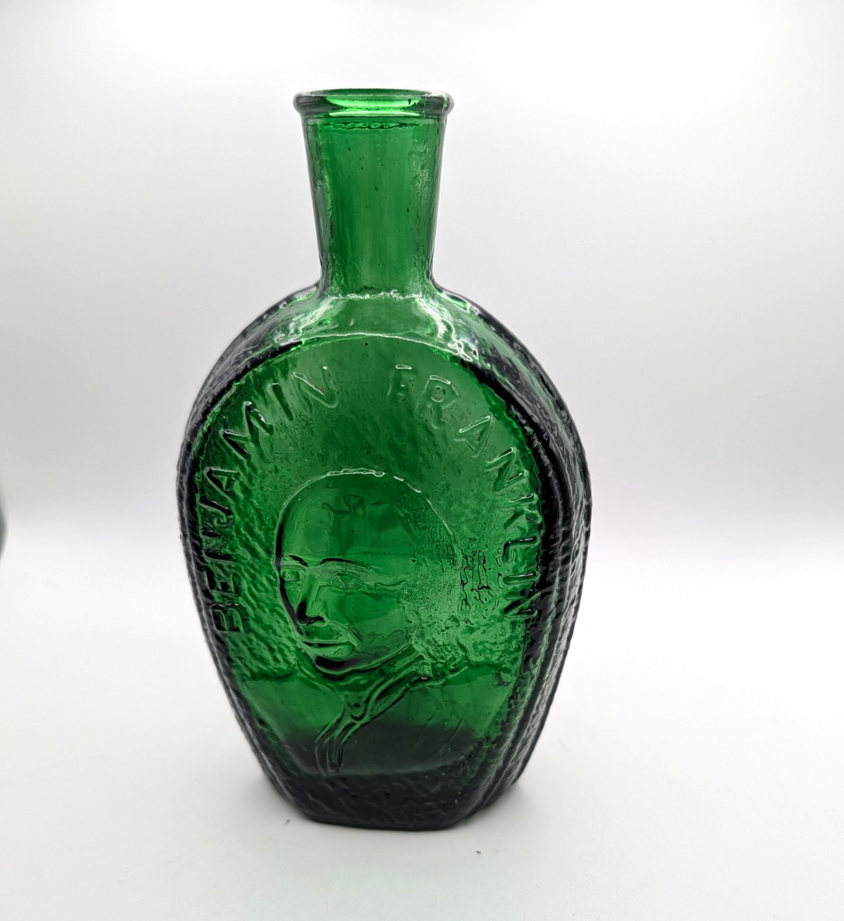 Vintage Wheaton NJ Green Glass Bottle Benjamin Franklin 1888 Glass House Flask