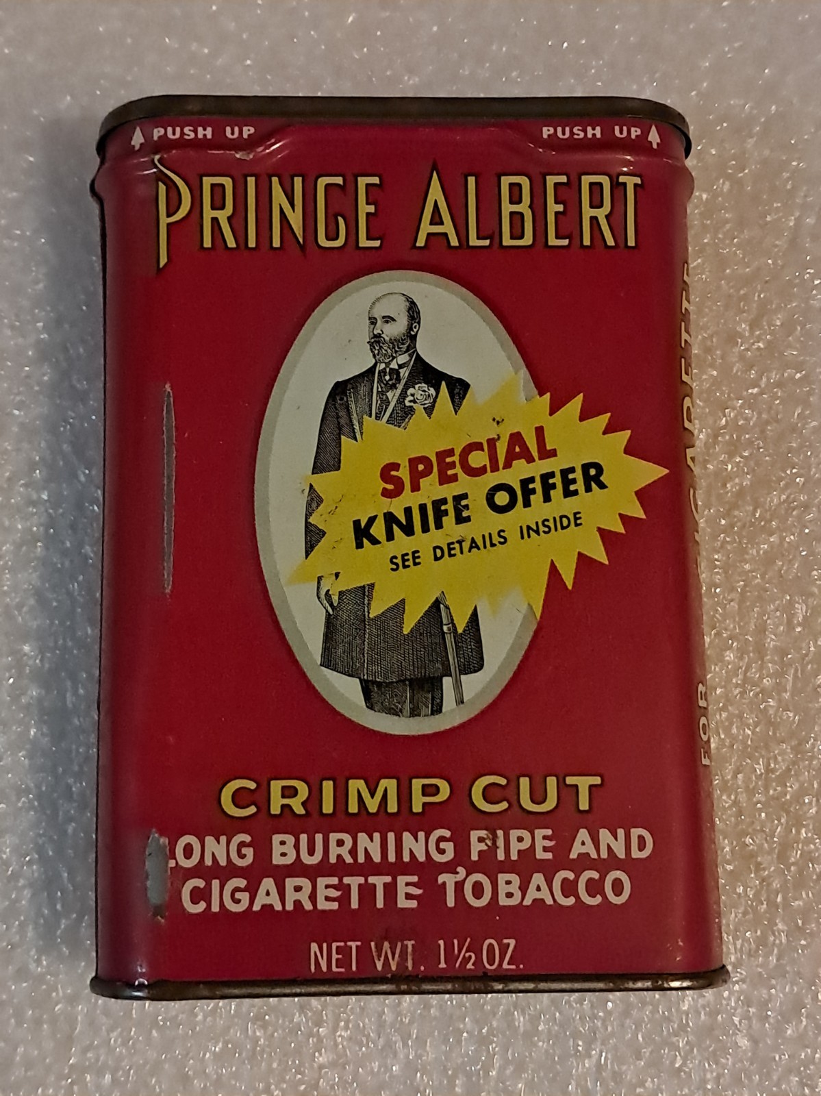 Vintage Prince Albert Crimp Cut Pipe Cigarette Tobacco EMPTY Can Tin Tax Stamp Vintage Prince Albert Crimp Cut Pipe Cigarette Tobacco EMPTY Can Tin Tax Stamp