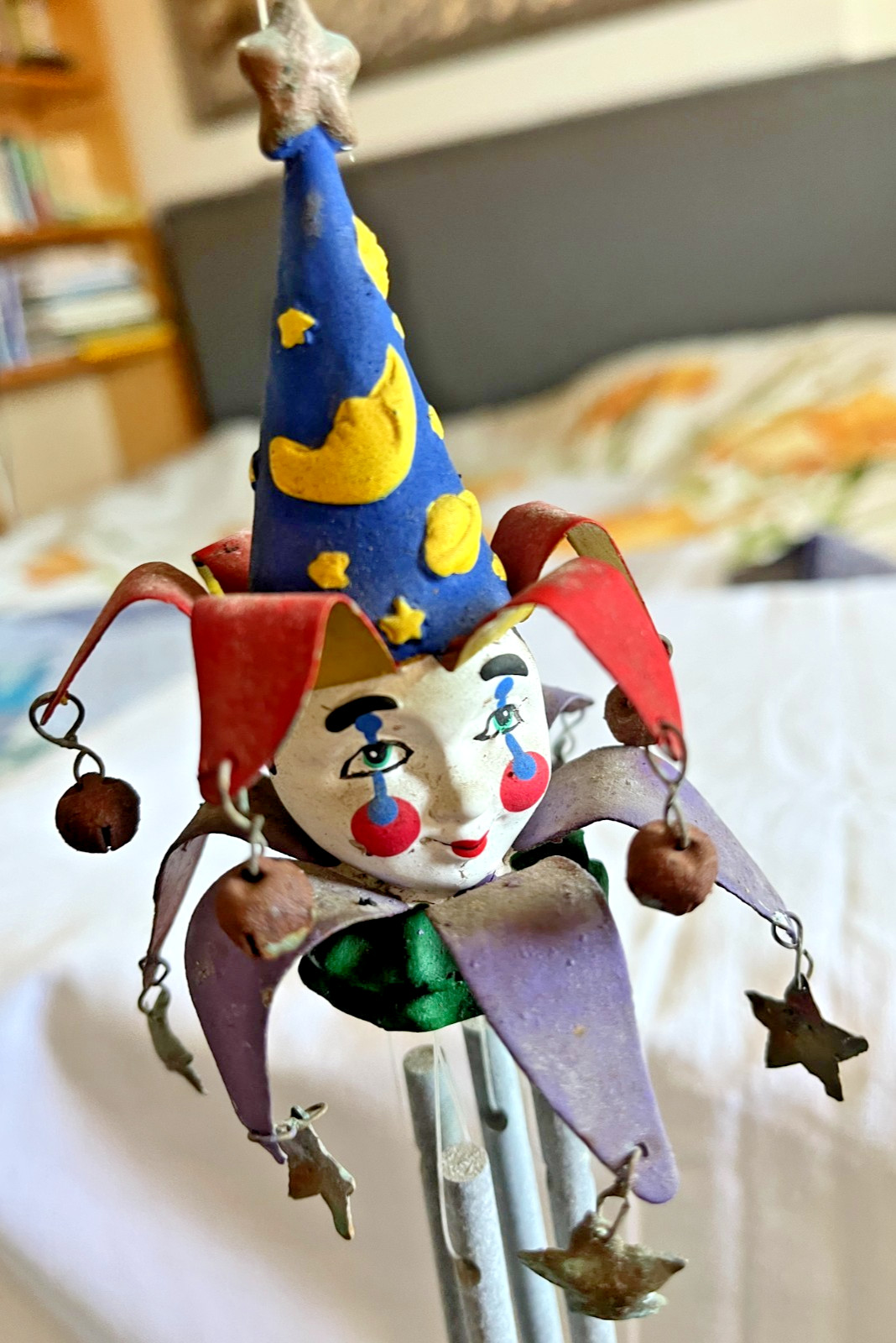 Vintage Handmade Painted Metal Jester Clown Wind Chime Celestial-Themed Hat