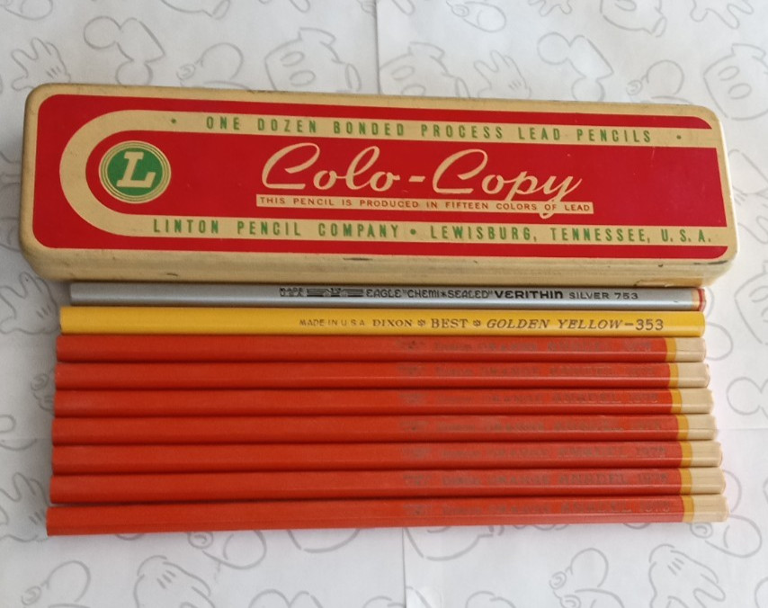 Colo Copy Linton Pencils in Tin Dixon Orange Anadel 1975 Yellow Verithin Silver
