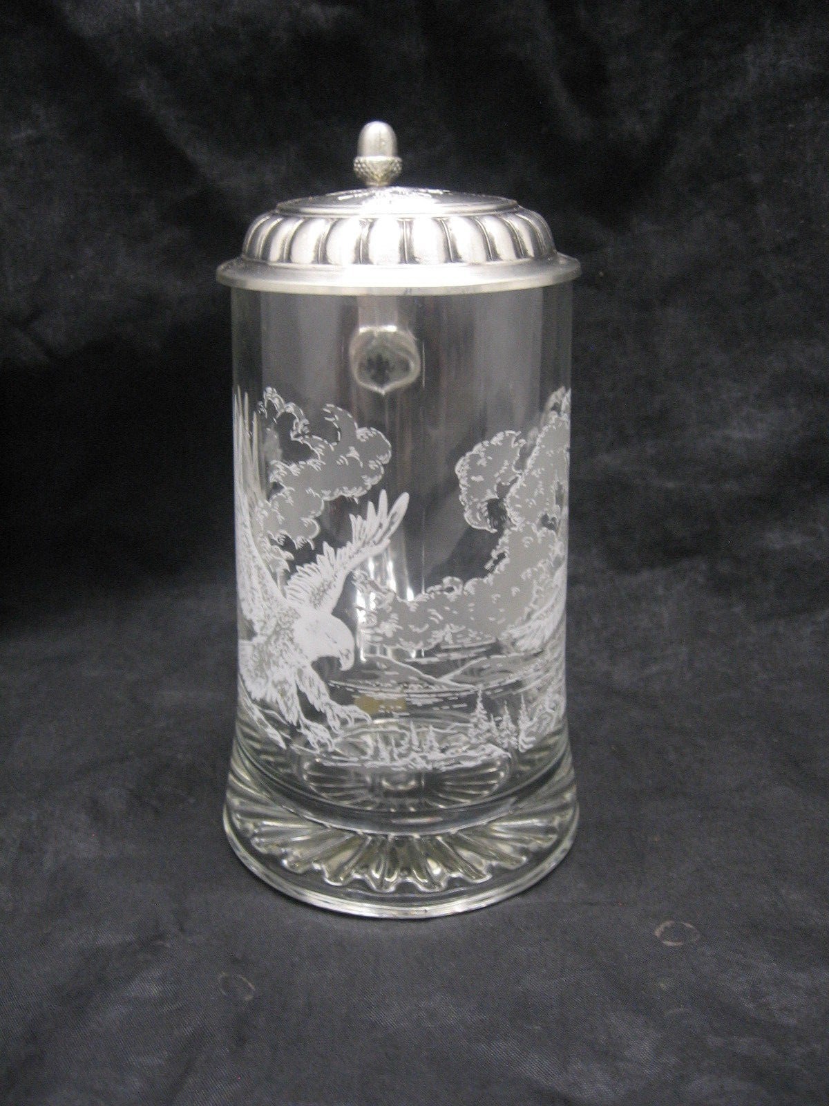 Eagle Glass Stein with Pewter Lid Frosted Glass Design Eagle Flying Mountains