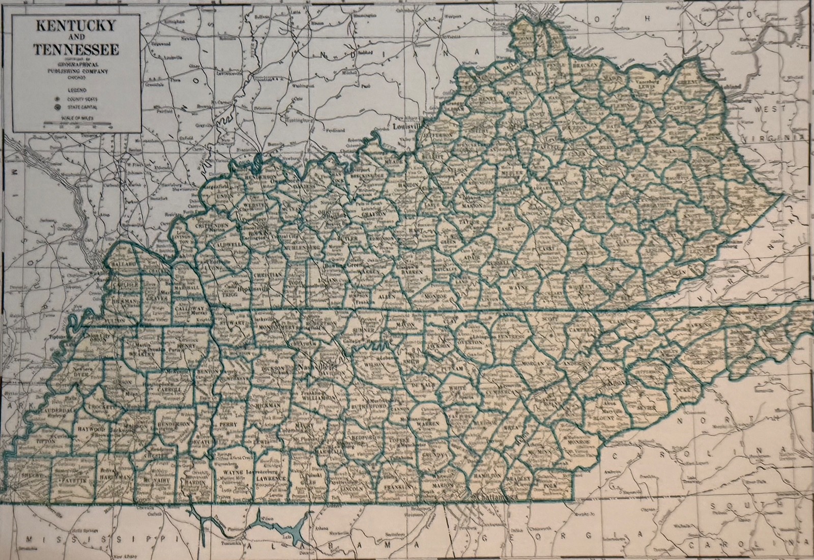 Vintage 1945 WORLD WAR 2 ERA Kentucky and Tennessee map  Estat