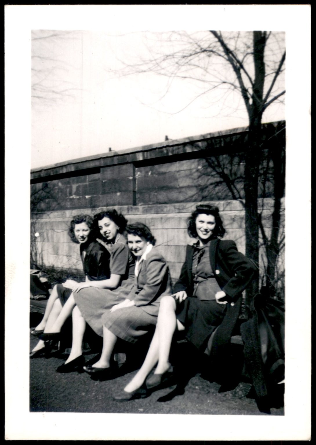 1940s Four Women Snapshot Photograph Outdoor Bench Friends Fashion