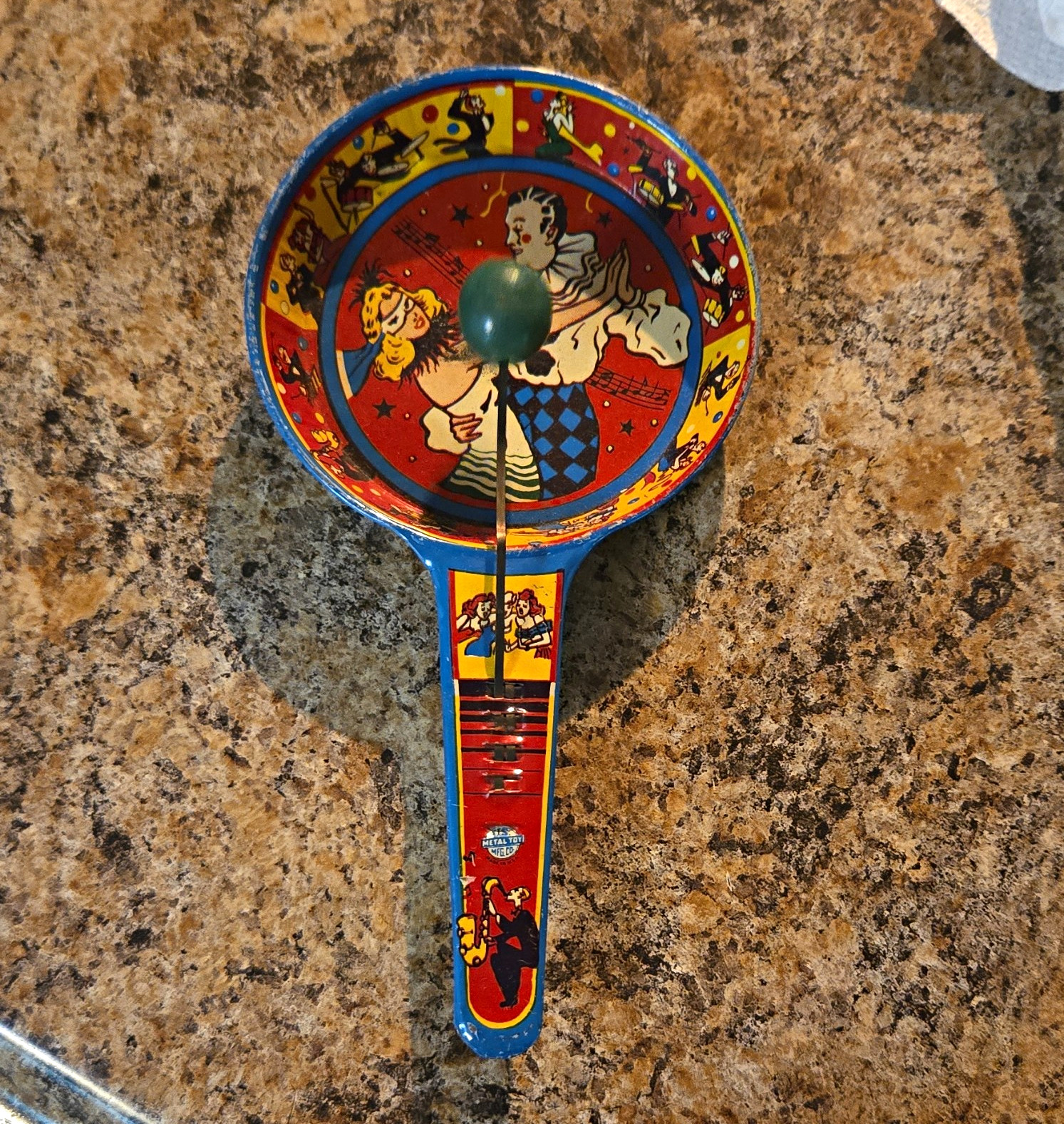 Vintage Tin Clown Circus Noisemaker Paddle Clacker, Novelty Graphic, Multicolor