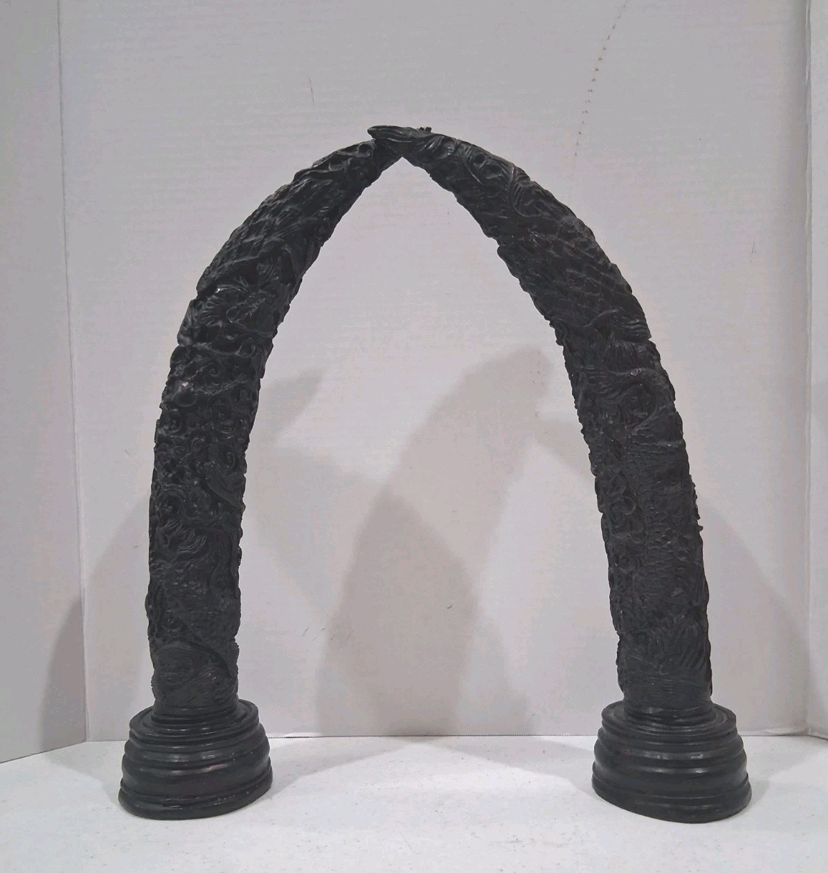 VTG PAIR(2) of Asian Handcarved RESIN Tusks; Dragon Carvings; Ebony Stained;EUC