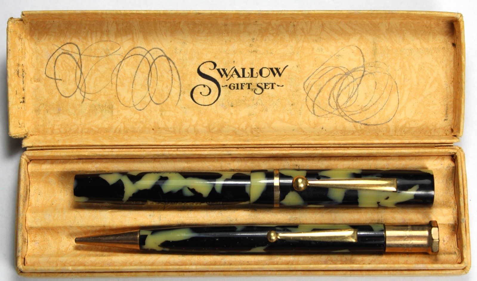 Mabie Todd Swallow Marble Lever-Fill Fountain Pen & Pencil Set w/ Box - Vintage Mabie Todd Swallow Marble Lever-Fill Fountain Pen & Pencil Set w/ Box - Vintage