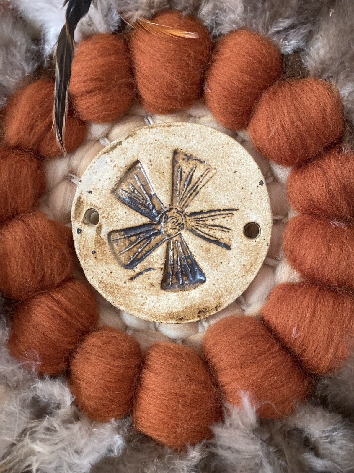 Vintage 1987 Round Mixed Material Dream Catcher Wall Art Handmade by V. Martin