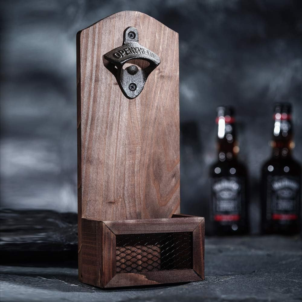 Bottle Opener with Cap Collector Catcher,Vintage Wooden Wall Mounted Bottle Open Bottle Opener with Cap Collector Catcher,Vintage Wooden Wall Mounted Bottle Open