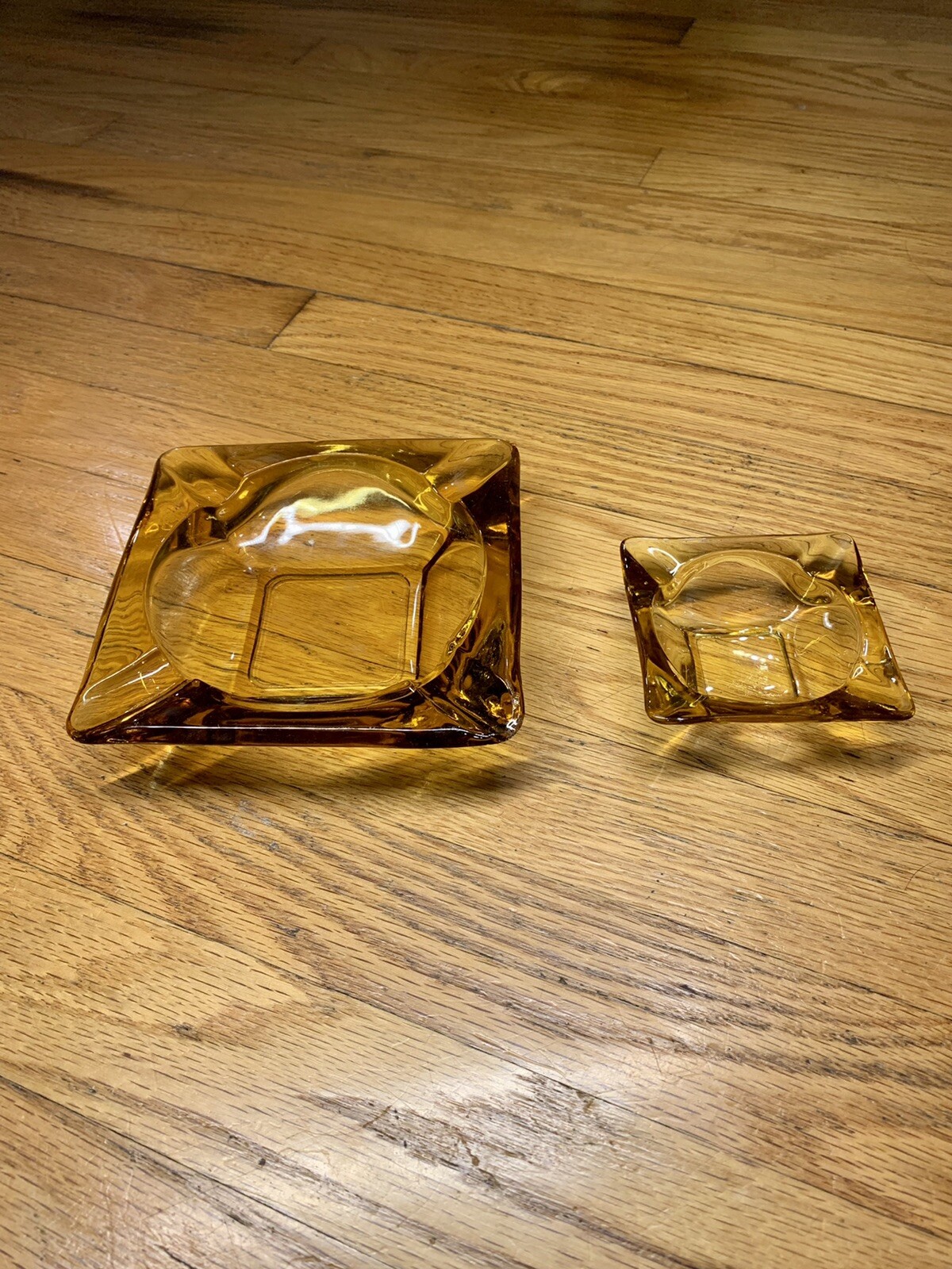 Vintage Mid Century Amber Glass Ashtray Pair Of Two Cigar And Cigarette Unused