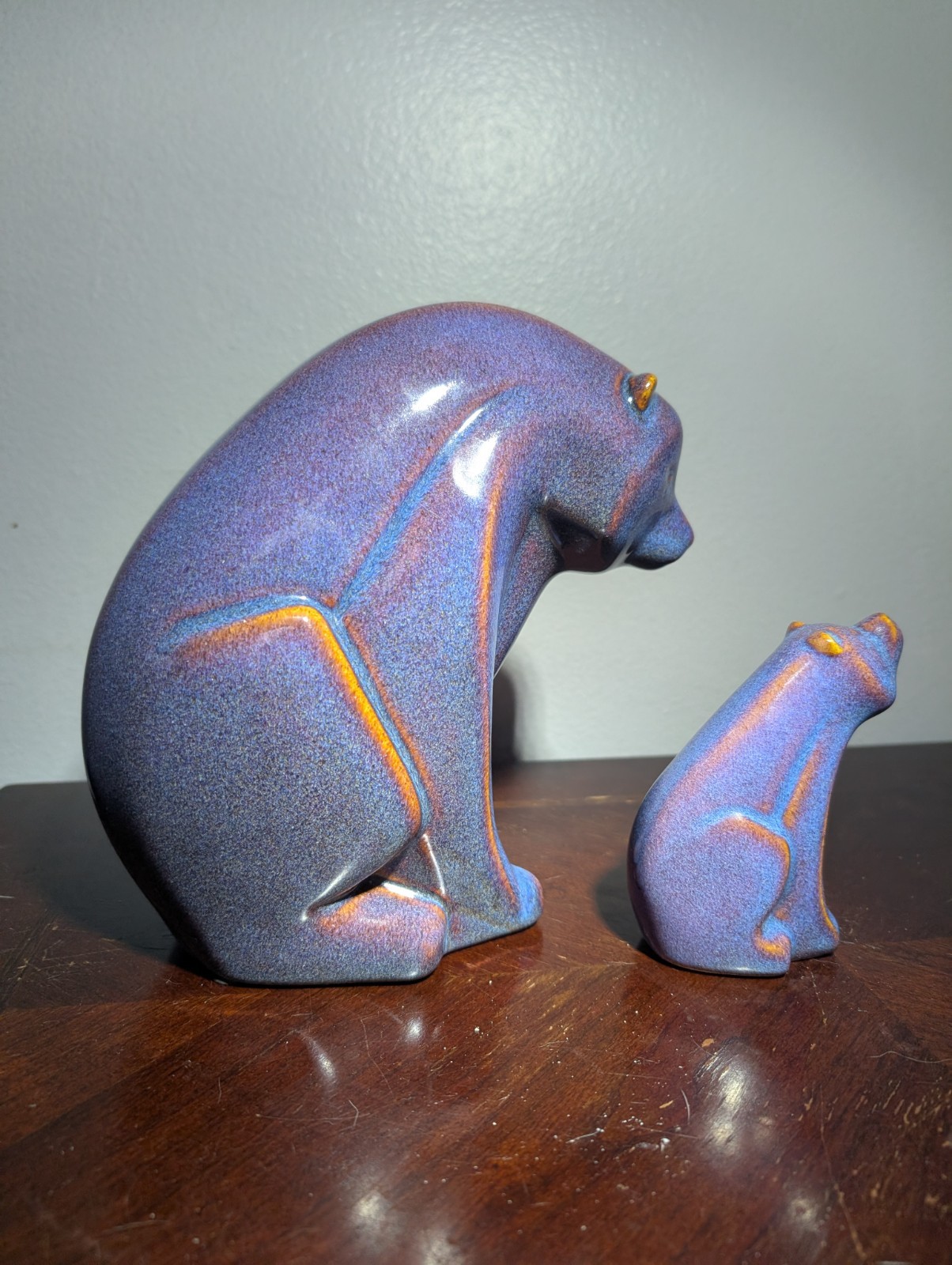 Mid Century Modern Ceramic Bear Scandinavian Purple Brown Glaze Mom And Cub