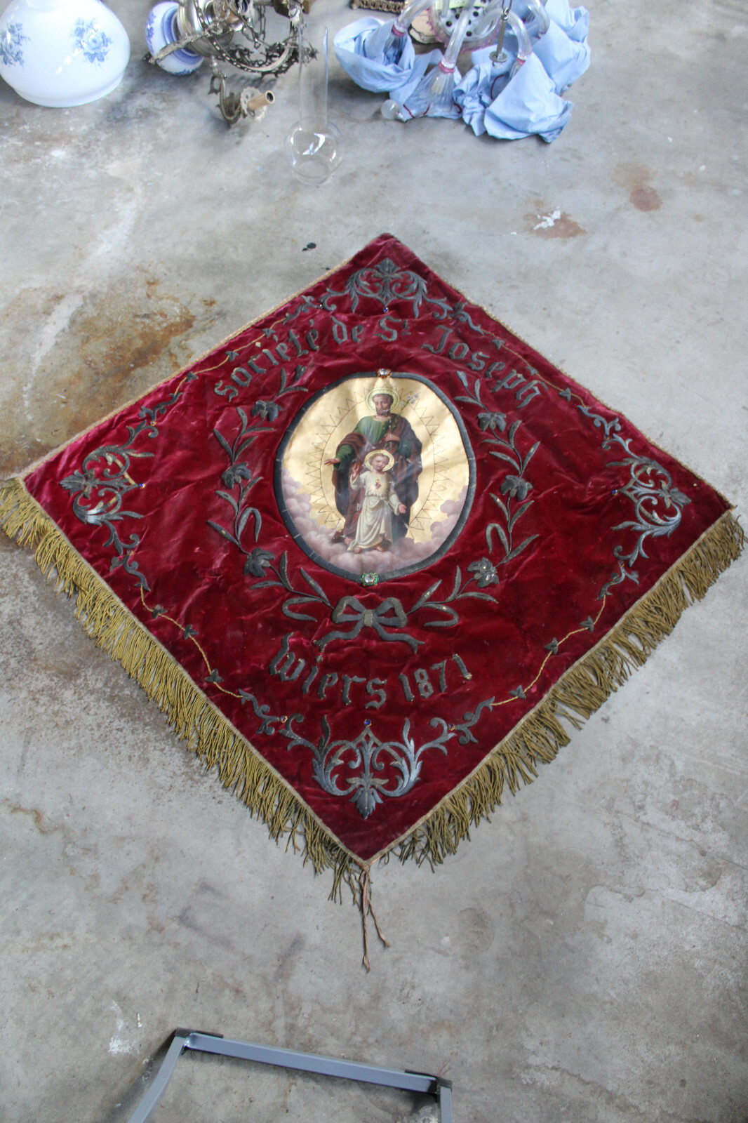 Antique 1871 French religious procession BAnner flag saint joseph 