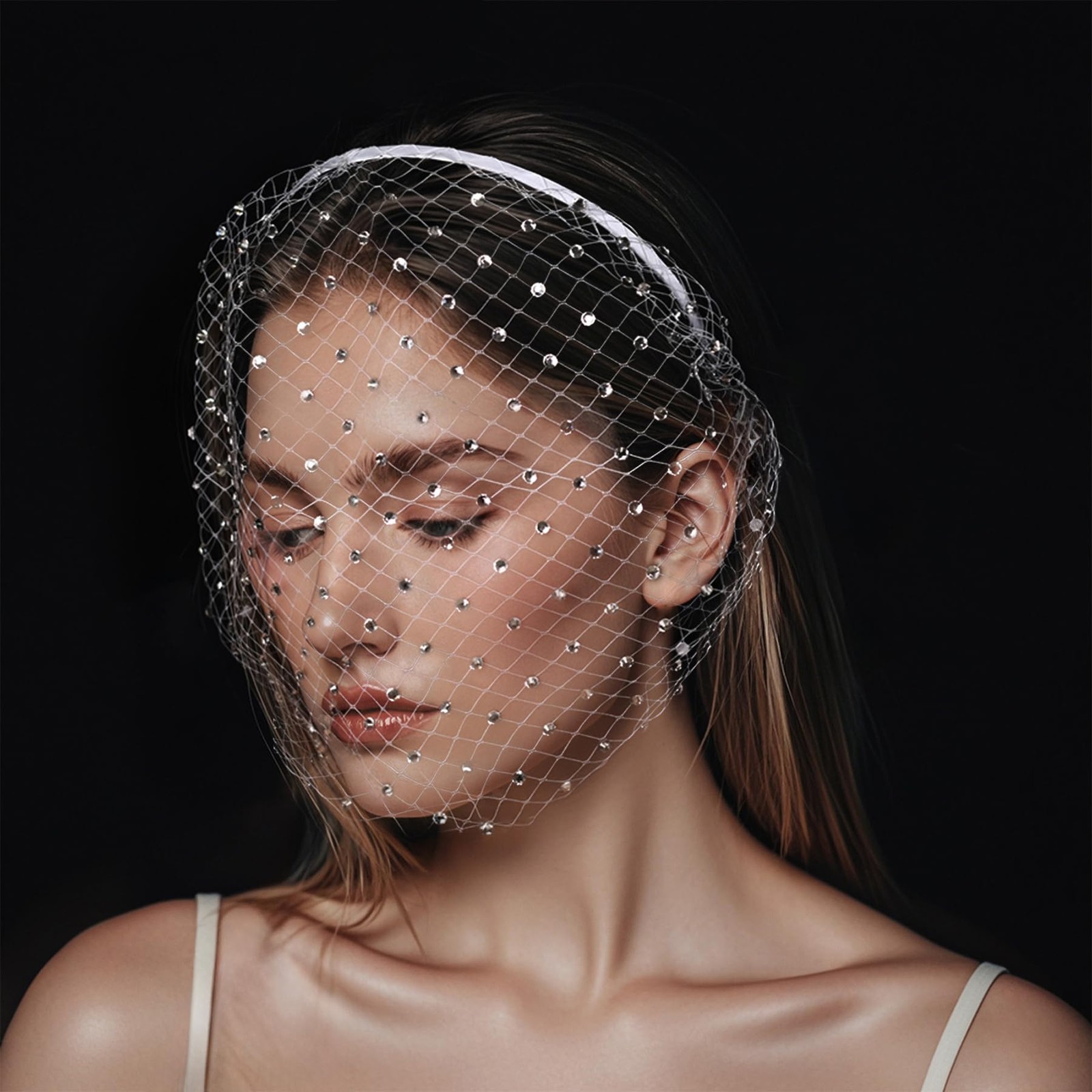 1920s White Veil Headband with Rhinestone, Birdcage Veil Flapper, Mesh Vintage L