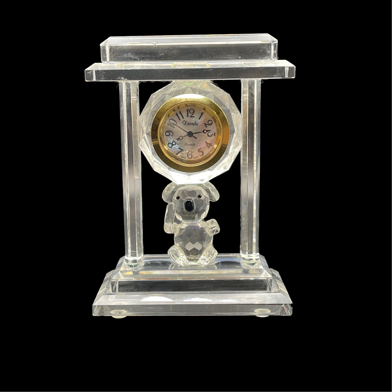 VTG Xanadu Mother Of Pearl Crystal Figural Koala Quartz Mini Mantel Clock READ