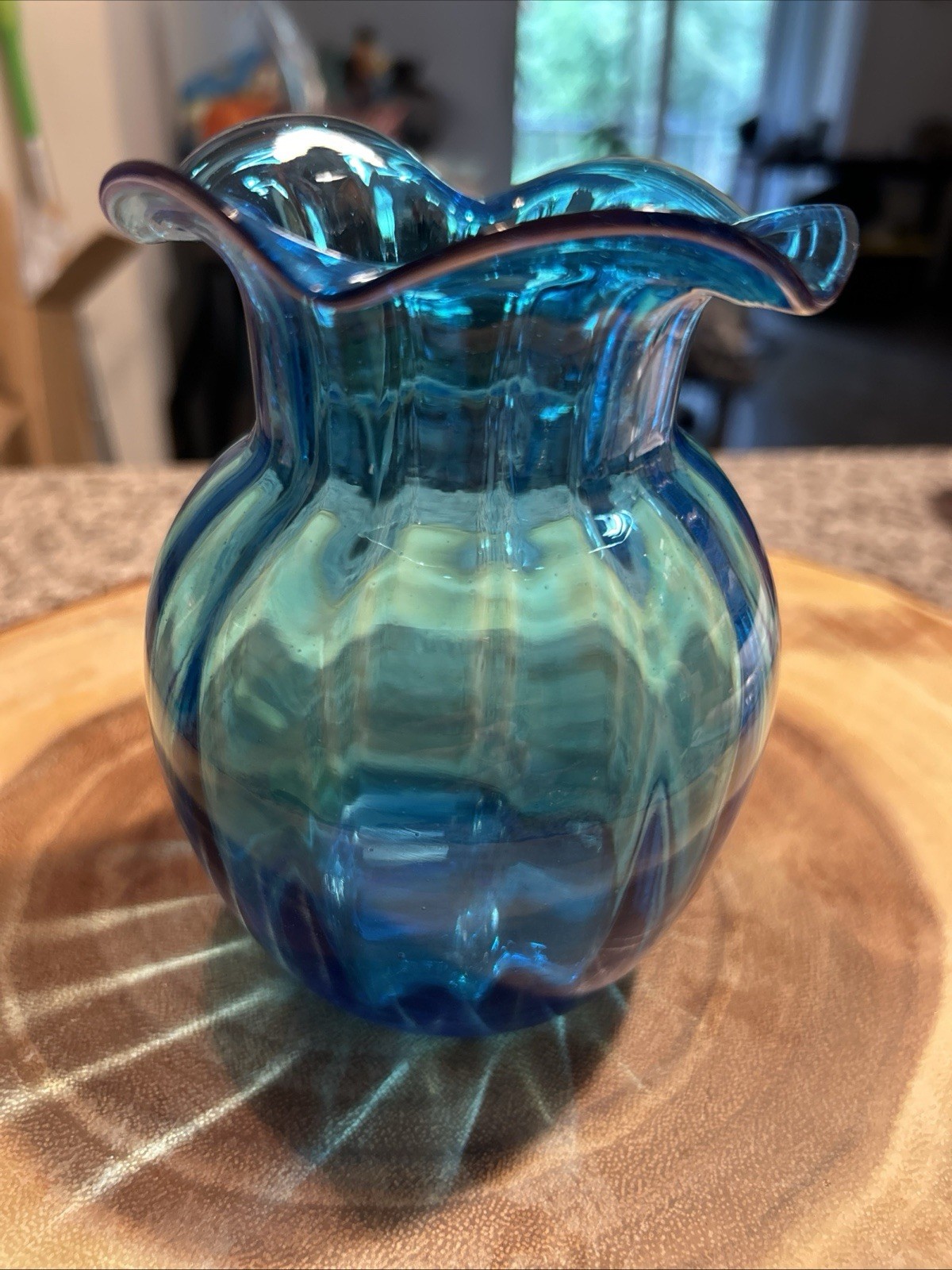 Vtg Mid Century Aqua Blue Hand Blown Ruffled Glass Melon Vase Rough Pontil 5.5